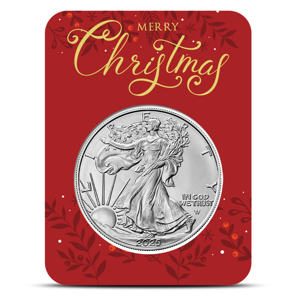 Buy 2025 1 oz American Silver Eagle Coin (BU, Red Merry Christmas Card) BullionMax